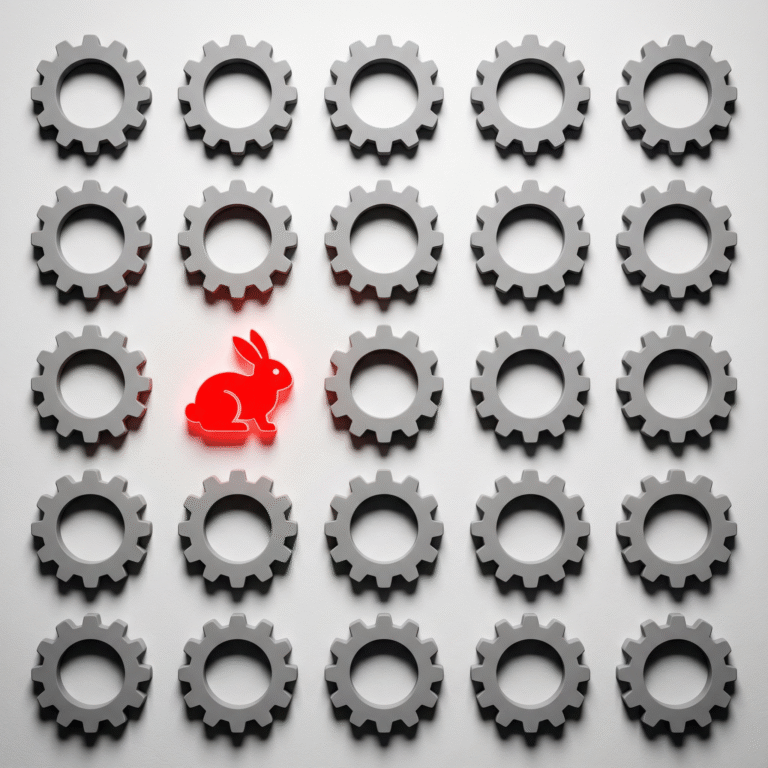 Red rabbit icon glowing among many gray gears, symbolizing an intentional error used for quality testing